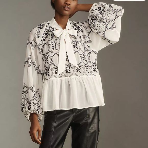 Anthropologie Tops - BY ANTHROPOLOGIE LONG-SLEEVE TIE-NECK EMBROIDERED BLOUSE